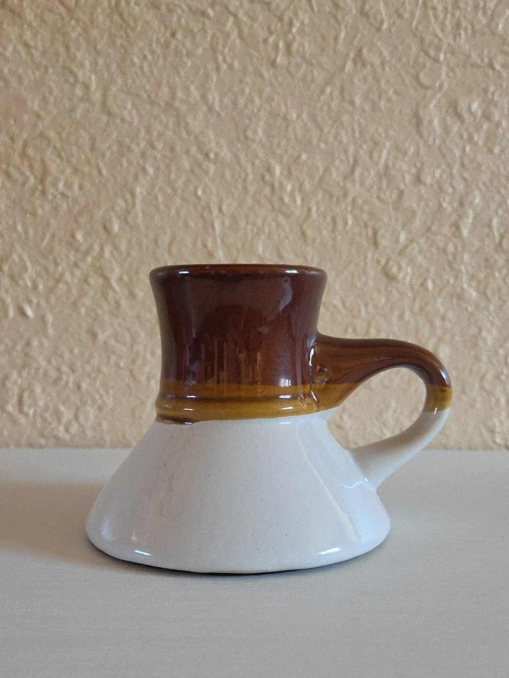 Vintage 70s No Spill Coffee Mug Wide Bottom Two Tone Brown White Glaze